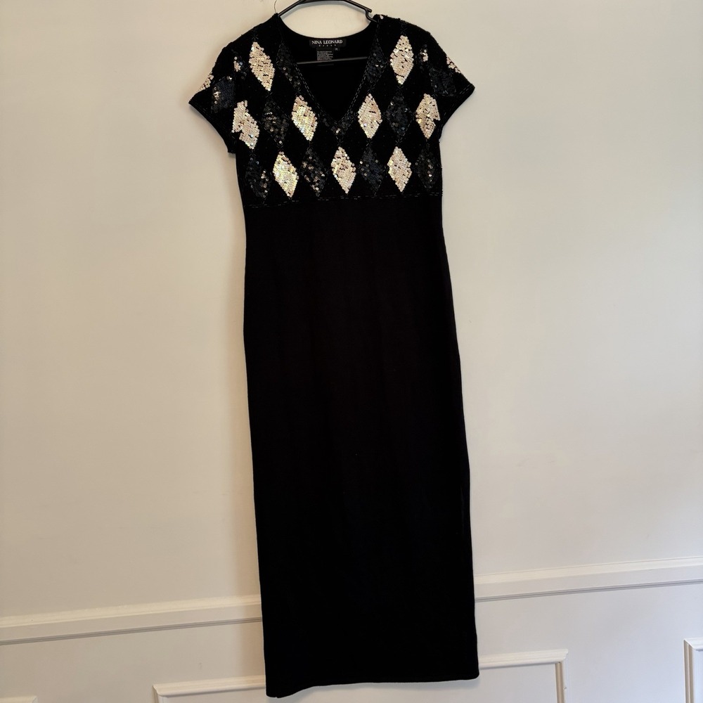 Nina Leonard Black Wool Blend Midi Dress M Sequin Formal Party VTG FLAW